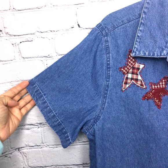 Lemon Grass VTG Chambray Farmcore Patch Short Sleeve Blue Collared Shirt Large - Picture 5 of 14